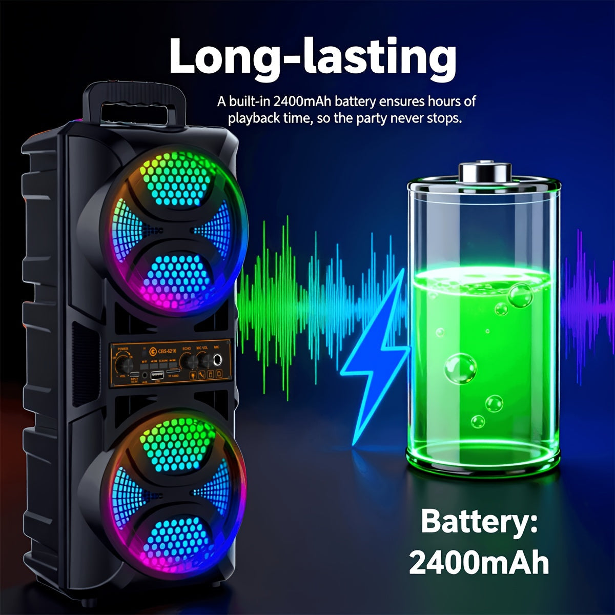 Speaker: Portable Bluetooth Speaker with Subwoofer Bass, Dual 6.5" LED Woofers and Microphone