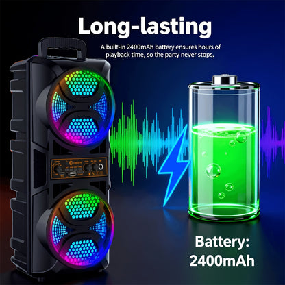 Speaker: Portable Bluetooth Speaker with Subwoofer Bass, Dual 6.5" LED Woofers and Microphone
