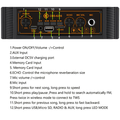 Speaker: Portable Bluetooth Speaker with Subwoofer Bass, Dual 6.5" LED Woofers and Microphone