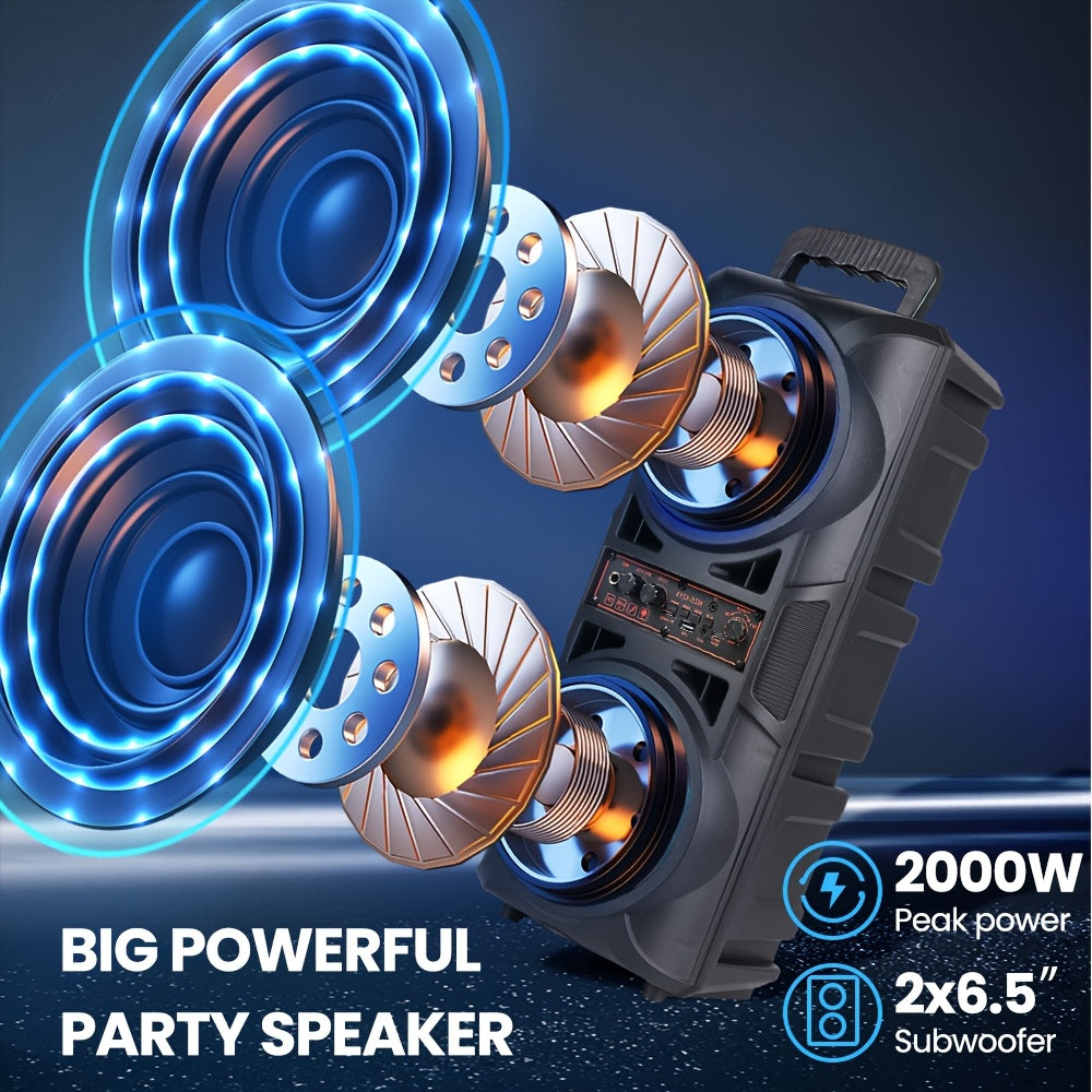 Speaker: Portable Bluetooth Speaker with Subwoofer Bass, Dual 6.5" LED Woofers and Microphone