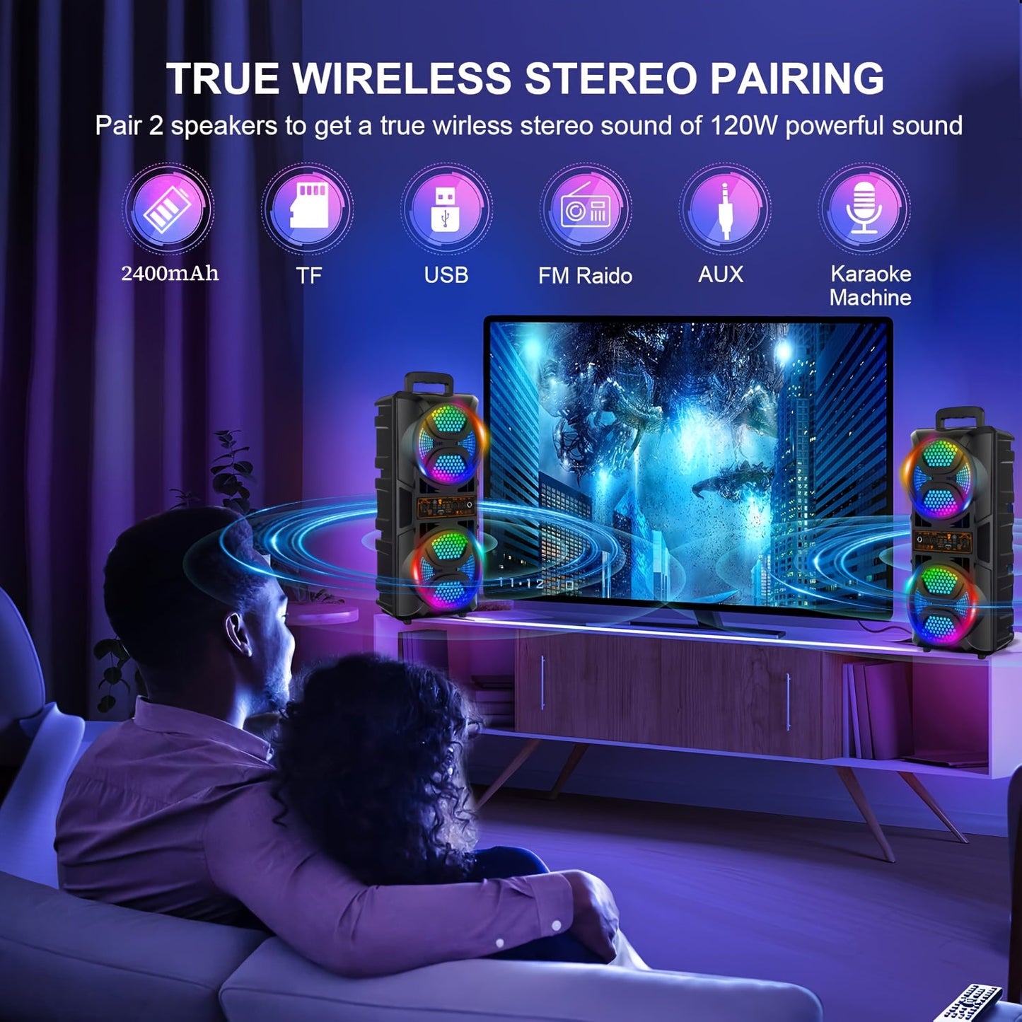 Speaker: Portable Bluetooth Speaker with Subwoofer Bass, Dual 6.5" LED Woofers and Microphone