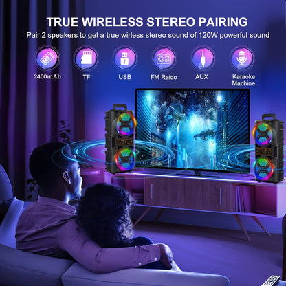 Speaker: Portable Bluetooth Speaker with Subwoofer Bass, Dual 6.5" LED Woofers and Microphone