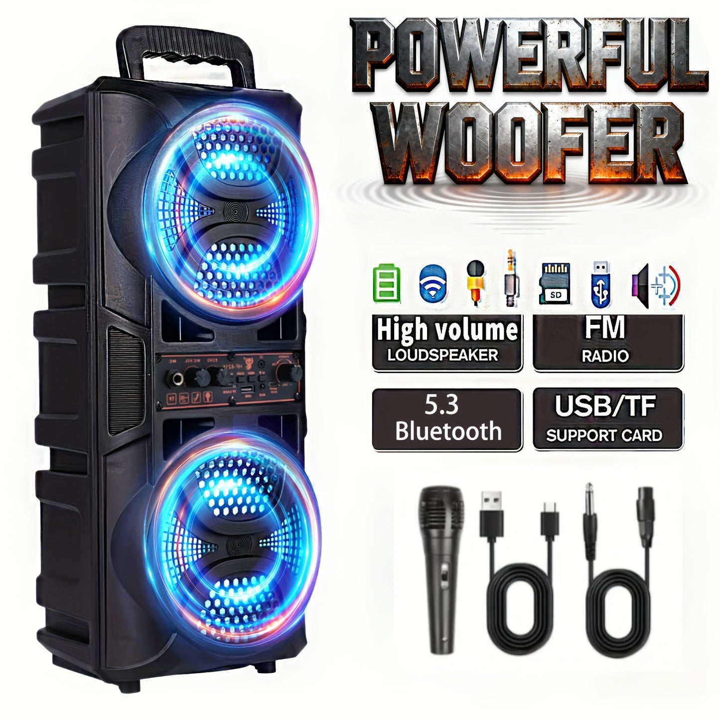 Speaker: Portable Bluetooth Speaker with Subwoofer Bass, Dual 6.5" LED Woofers and Microphone