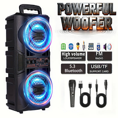 Speaker: Portable Bluetooth Speaker with Subwoofer Bass, Dual 6.5" LED Woofers and Microphone