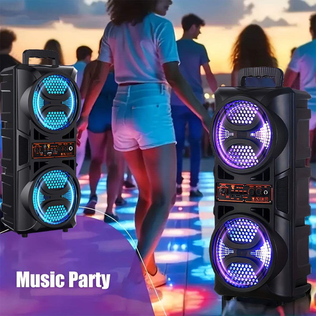 Speaker: Portable Bluetooth Speaker with Subwoofer Bass, Dual 6.5" LED Woofers and Microphone